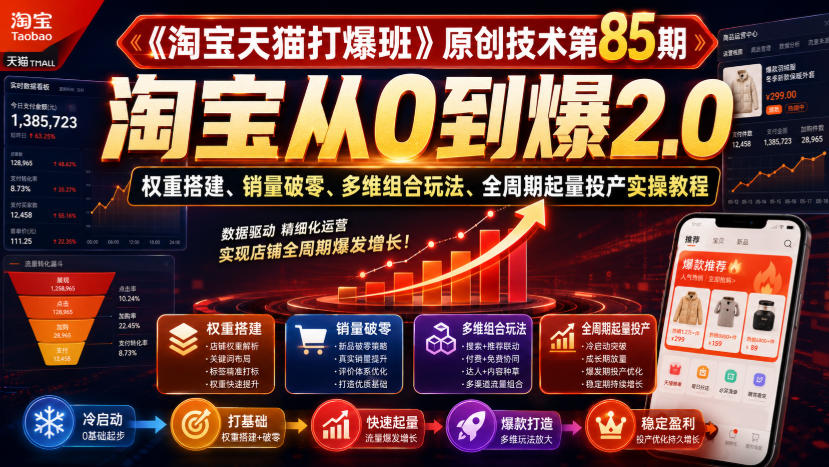 《淘宝天猫打爆班》原创技术第85期，淘宝从0到爆2.0，权重搭建、销量破零、多维组合玩法、全周期起量投产实操教程-HEIXMI（中国站）