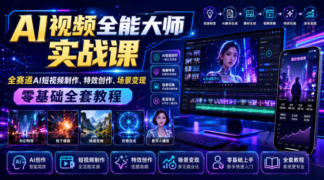 AI视频全能大师实战课｜全赛道AI短视频制作、特效创作、场景变现零基础全套教程-HEIXMI（中国站）