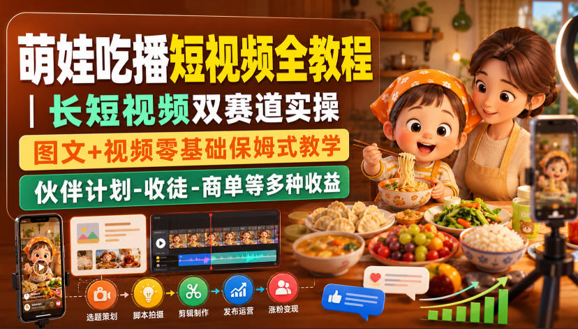 萌娃吃播短视频全教程｜长短视频双赛道实操，图文+视频零基础保姆式教学，伙伴计划-收徒-商单等多种变现方式-HEIXMI（中国站）