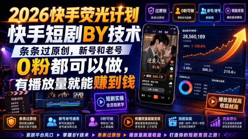 2026快手荧光计划，快手短剧搬运技术，条条过原创，新号和老号0粉都可以做，有播放量就能賺到钱-HEIXMI（中国站）