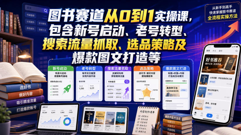 图书赛道从0到1实操课，包含新号启动、老号转型、搜索流量抓取、选品策略及爆款图文打造等-HEIXMI（中国站）
