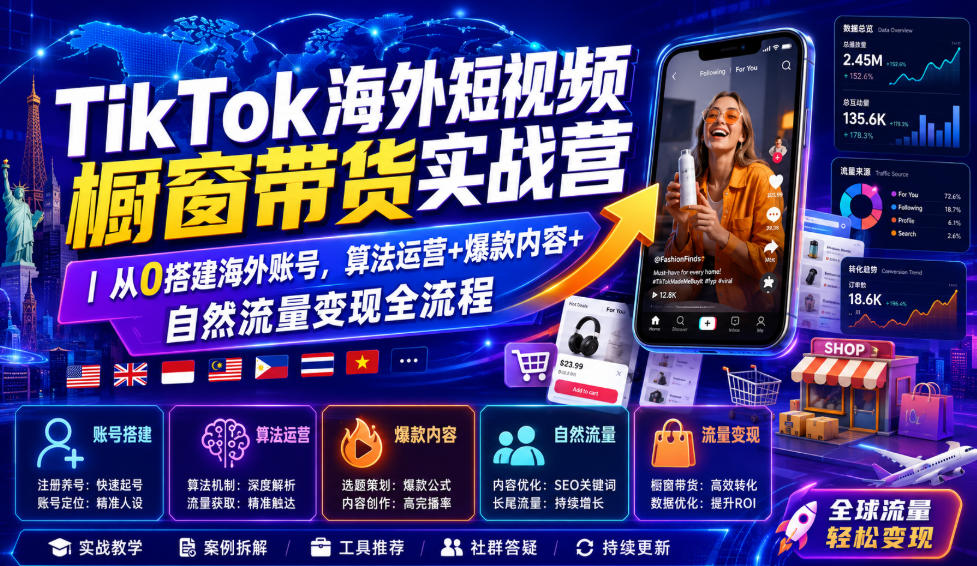 TikTok海外短视频橱窗带货实战营｜从0搭建海外账号，算法运营+爆款内容+自然流量变现全流程-HEIXMI（中国站）
