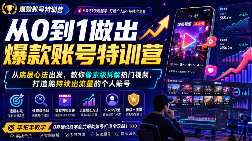 从0到1做出爆款账号特训营，从底层心法出发，教你像素级拆解热门视频，打造能持续出流量的个人账号-HEIXMI（中国站）
