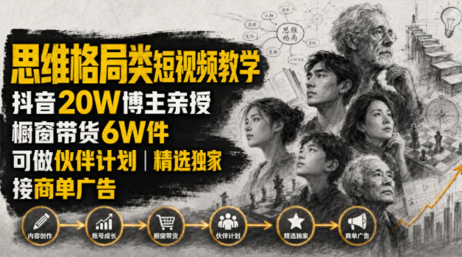 人性思维格局类短视频教学，抖音20W博主亲授，橱窗带货6W件，可做伙伴计划、精选独家、接商单广告-HEIXMI（中国站）