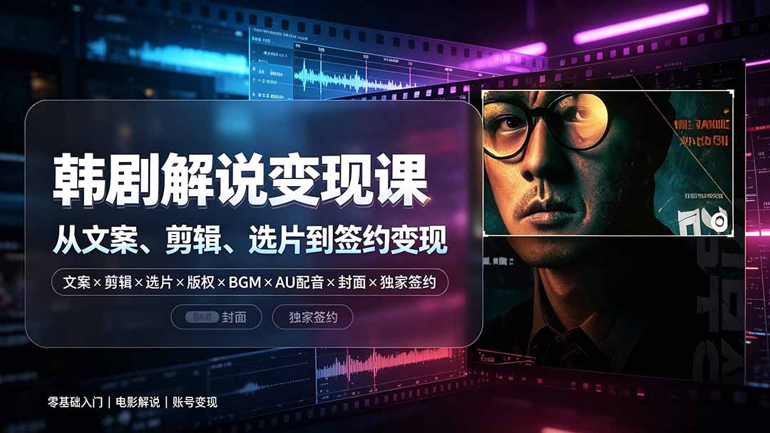 抖音270W粉丝博主亲授韩剧解说课：文案×剪辑×选片×版权×BGM×AU配音×封面×独家签约，零基础到变现-HEIXMI（中国站）