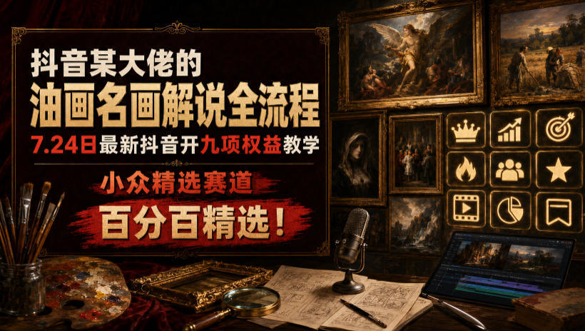 抖音某大佬的油画名画解说全流程，7.24日最新抖音开九项权益教学，小众精选赛道，百分百精选！-HEIXMI（中国站）