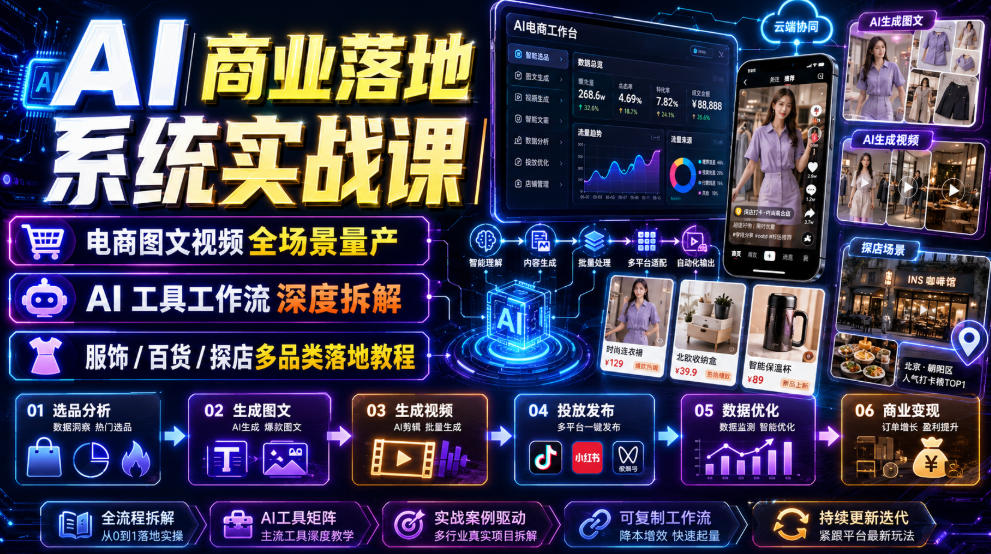 AI商业落地系统实战课｜电商图文视频全场景量产・AI工具工作流深度拆解・服饰/百货/探店多品类落地教程-HEIXMI（中国站）