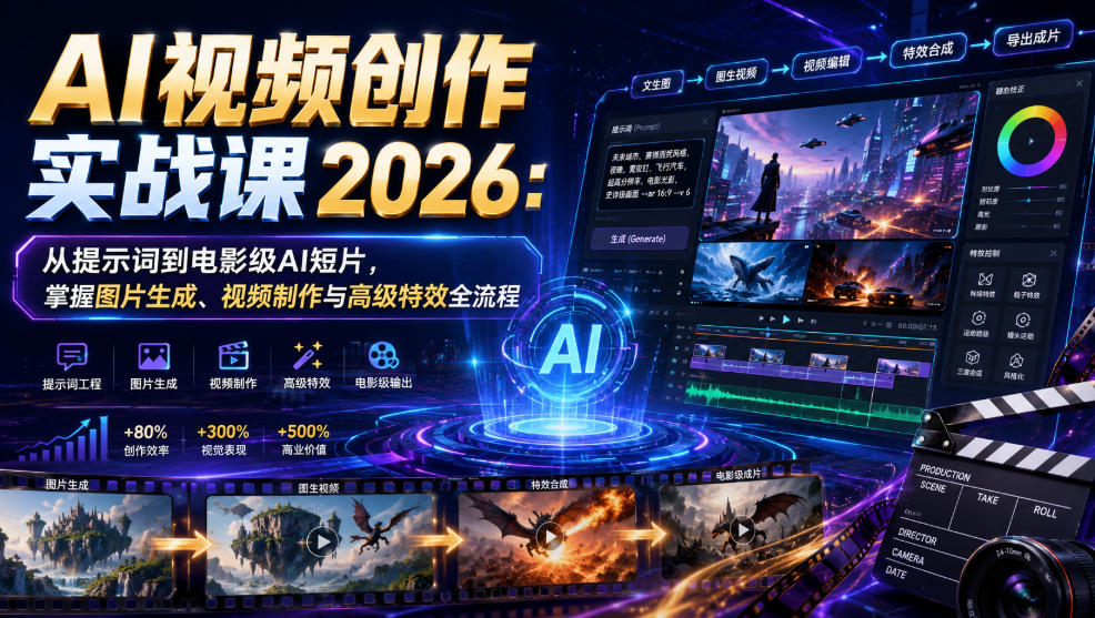 AI视频创作实战课2026：从提示词到电影级AI短片，掌握图片生成、视频制作与高级特效全流程-HEIXMI（中国站）