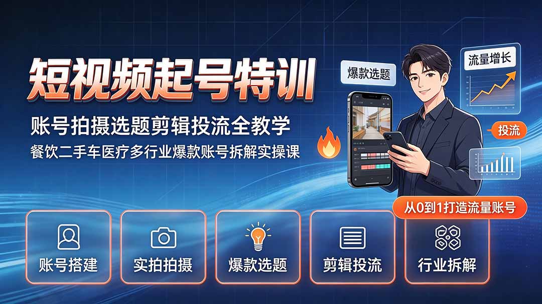 短视频起号特训｜账号拍摄选题剪辑投流全教学，餐饮二手车医疗多行业爆款账号拆解实操课-HEIXMI（中国站）