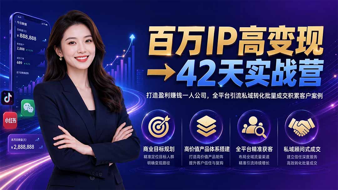 百万IP高变现→42天实战营｜打造盈利赚钱一人公司，全平台引流私域转化批量成交积累客户案例-HEIXMI（中国站）