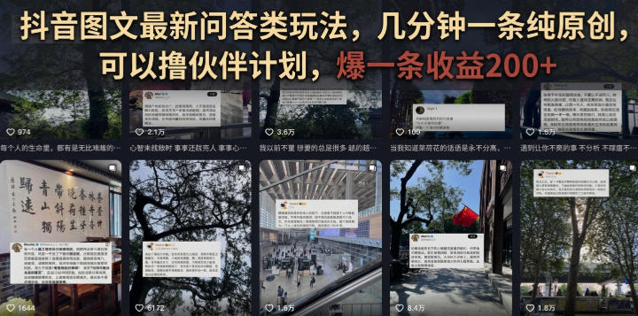 抖音图文最新问答类玩法，几分钟一条纯原创，可以撸伙伴计划，爆一条收益200+-HEIXMI（中国站）