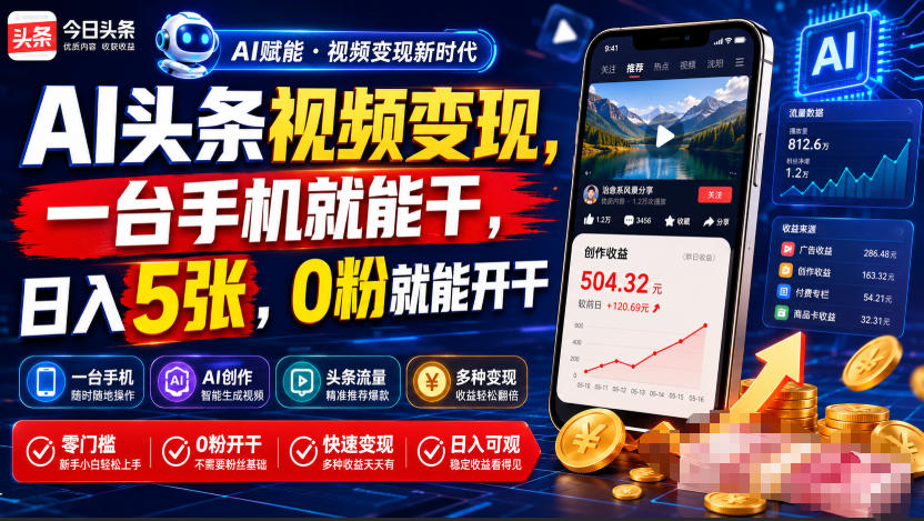 AI头条视频变现，一台手机就能干，日入5张，0粉就能开干-HEIXMI（中国站）