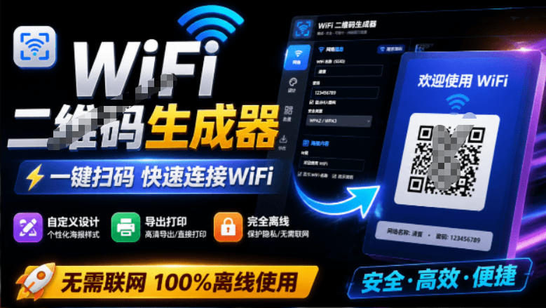 完全离线使用！WiFi二维码生成器，一键扫码快速连接WiFi，支持自定义风格导出WiFi二维码生成器-HEIXMI（中国站）