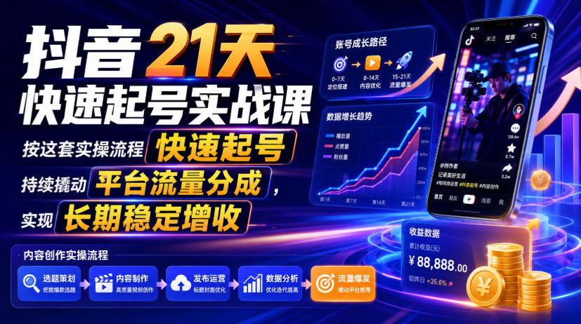 抖音21天快速起号实战课，按这套实操流程快速起号，持续撬动平台流量分成，实现长期稳定增收-HEIXMI（中国站）