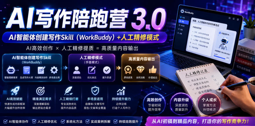 AI写作陪跑营3.0，Ai智能体创建写作skill(workbuddy)+人工手写模式(手搓模式)，去除AI痕迹(头条号、公众号、百家号)(更新0730)-HEIXMI（中国站）