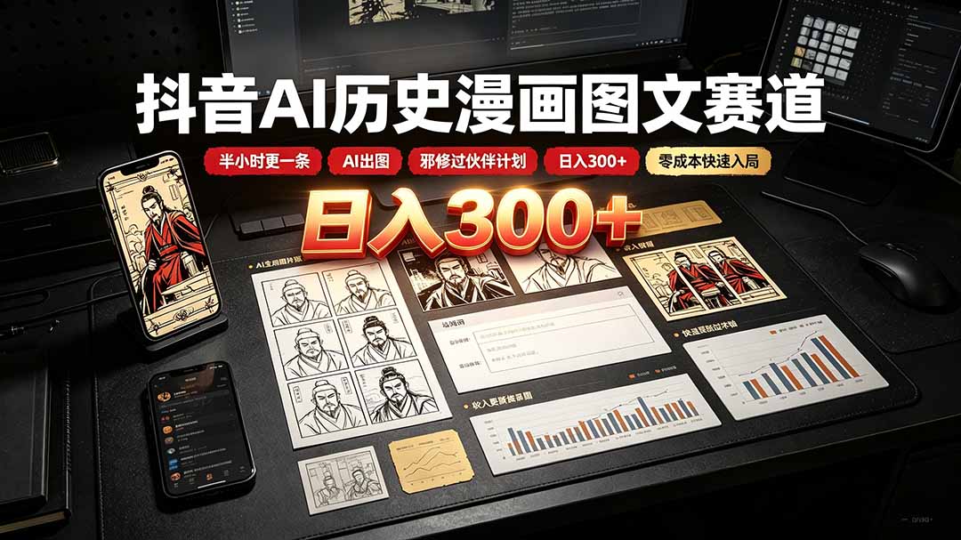 抖音AI历史漫画图文赛道：半小时更一条×AI出图×邪修过伙伴计划×日入300+，零成本快速入局-HEIXMI（中国站）