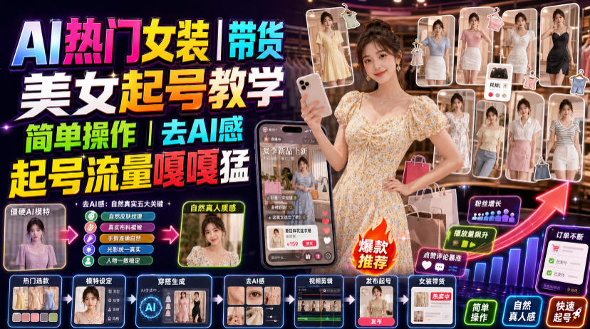 AI热门女装带货丨美女起号教学，简单操作，去AI感，起号流量嘎嘎猛-HEIXMI（中国站）