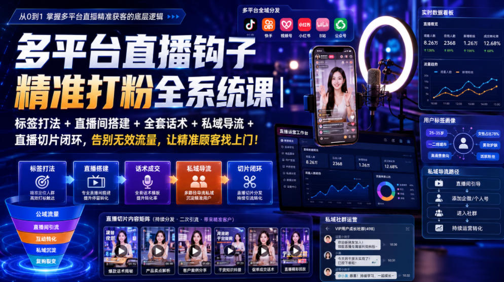 多平台直播钩子精准打粉全系统课｜标签打法+直播间搭建+全套话术+私域导流+直播切片闭环，告别无效流量，让精准顾客找上门！-HEIXMI（中国站）