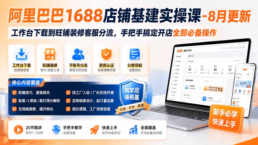 阿里巴巴1688店铺基建实操课-8月更新；工作台下载到旺铺装修客服分流，手把手搞定开店全部必备操作-HEIXMI（中国站）