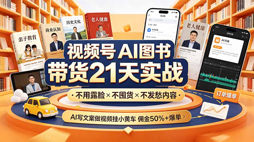 视频号AI图书带货21天实战：不用露脸×不囤货×不发愁内容，AI写文案做视频挂小黄车，佣金50%+爆单-HEIXMI（中国站）