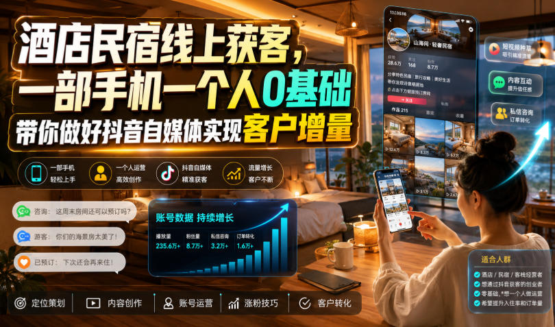 酒店民宿线上获客，一部手机一个人0基础带你做好抖音自媒体实现客户增量-HEIXMI（中国站）