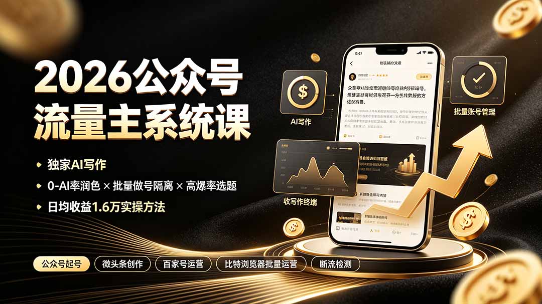 2026公众号流量主系统课：独家AI写作×0-AI率润色×批量做号隔离×高爆率选题，日均收益1.6万实操方法-HEIXMI（中国站）