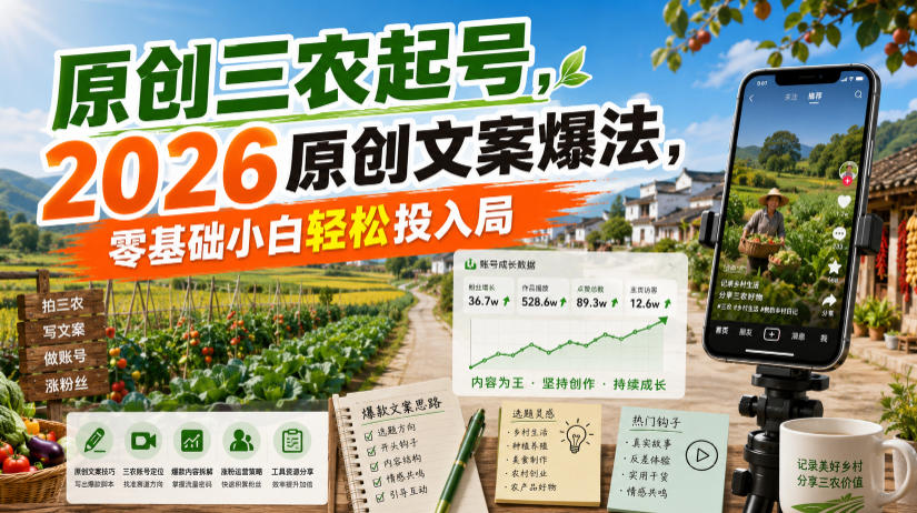 原创三农起号，2026原创文案爆法，零基础小白轻松投入局-HEIXMI（中国站）