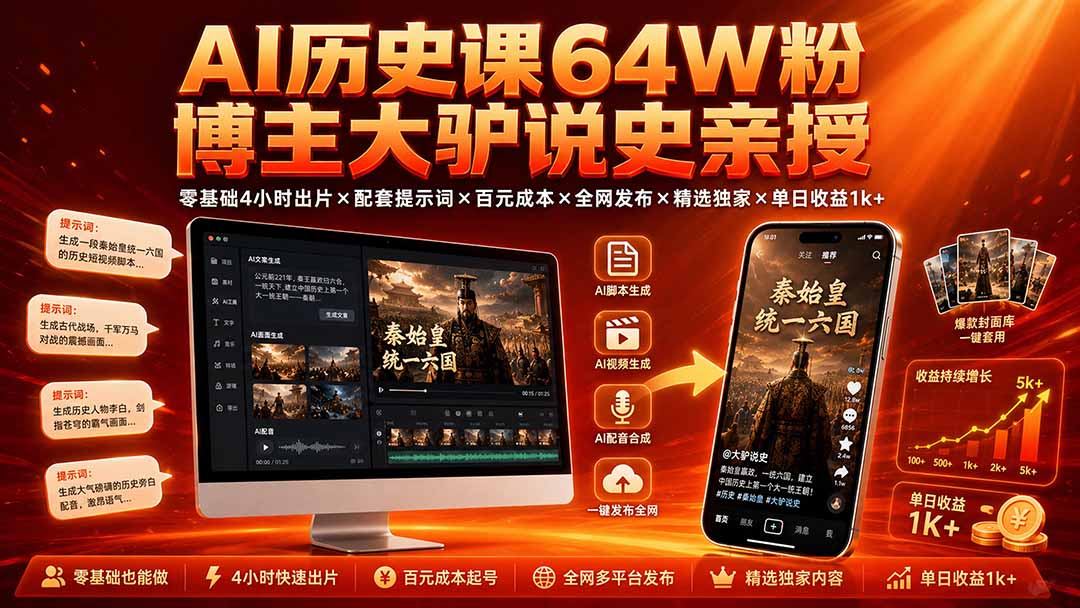 AI历史课64W粉博主大驴说史亲授：零基础4小时出片×配套提示词×百元成本×全网发布×精选独家×单日收益1k+-HEIXMI（中国站）