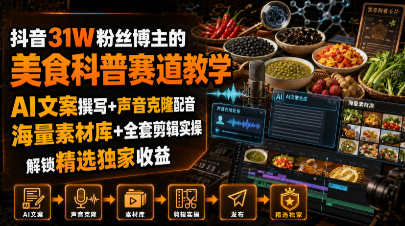 抖音31W粉丝博主的美食科普赛道教学，AI文案撰写+声音克隆配音+剪辑实操，解锁精选独家收益-HEIXMI（中国站）