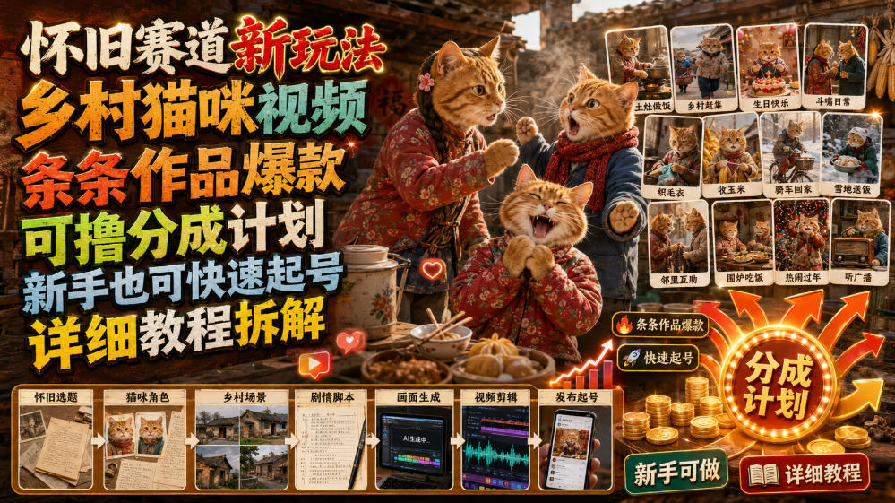 怀旧赛道新玩法，乡村猫咪视频，条条作品爆款，可撸分成计划，新手也可快速起号，详细教程拆解-HEIXMI（中国站）