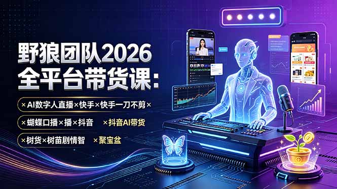 野狼团队2026全平台带货课-7月：AI数字人直播×快手一刀不剪×蝴蝶口播×抖音AI带货×树苗剧情智剪×聚宝盆-HEIXMI（中国站）