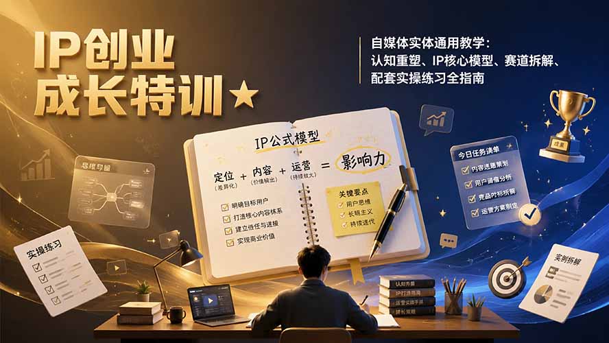 IP创业成长特训★自媒体实体通用教学：认知重塑、IP核心模型、赛道拆解、配套实操练习全指南-HEIXMI（中国站）