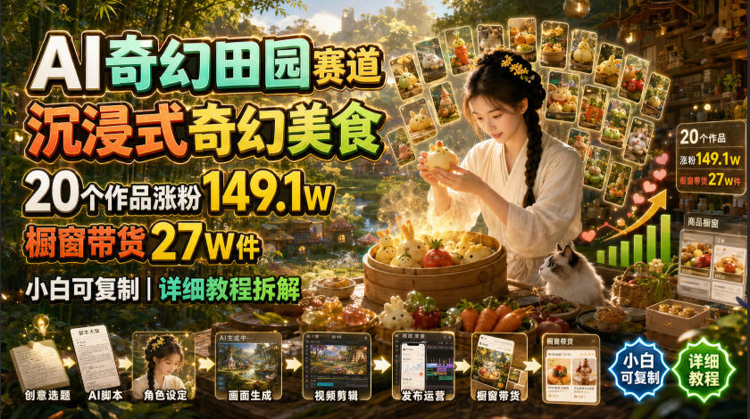 AI奇幻田园赛道，沉浸式奇幻美食，20个作品涨粉149.1W，橱窗带货27W件，小白可复制，详细教程拆解-HEIXMI（中国站）