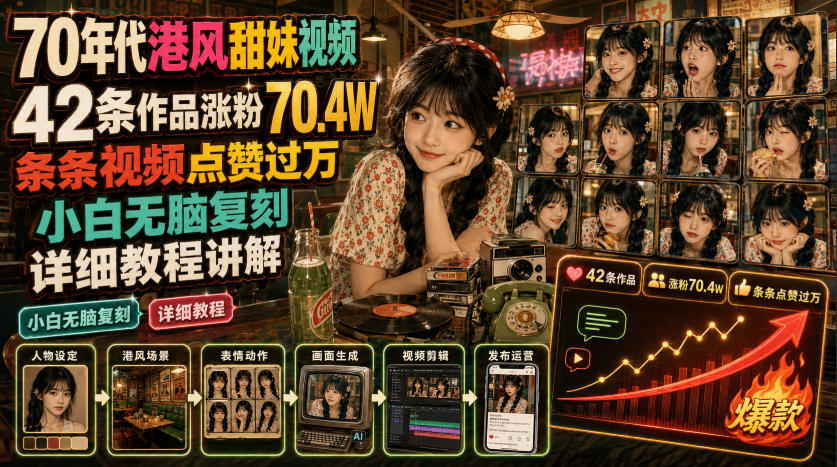70年代港风甜妹视频，42条作品涨粉70.4W，条条视频点赞过万，小白无脑复刻，详细教程讲解-HEIXMI（中国站）