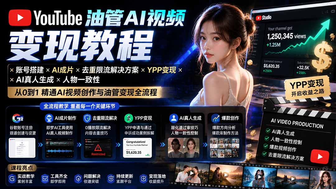 YouTube油管AI视频变现教程-更新：账号搭建×AI成片×去重限流解决方案×YPP变现×AI真人生成×人物一致性-HEIXMI（中国站）
