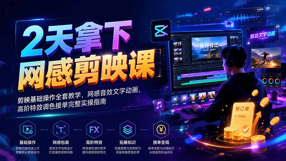 2天拿下网感剪辑课｜剪映基础操作全套教学，网感音效文字动画，高阶特效调色接单完整实操指南-HEIXMI（中国站）