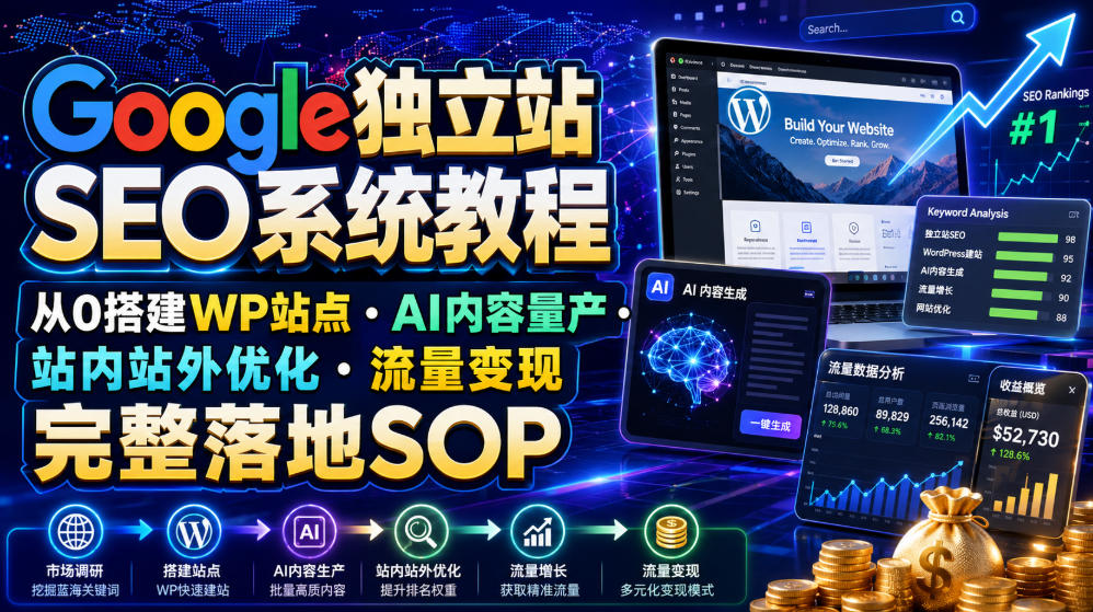 Google独立站SEO系统教程，从0搭建WP站点・AI内容量产・站内站外优化・流量变现完整落地SOP(2026年7月)-HEIXMI（中国站）