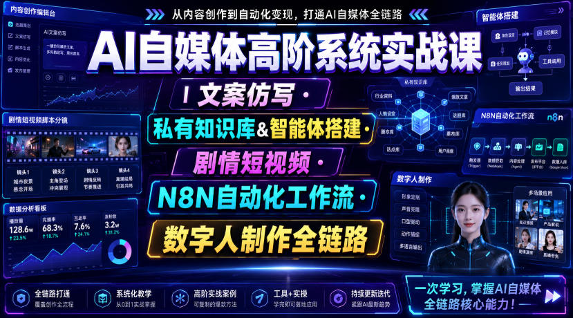 AI自媒体高阶系统实战课｜文案仿写・私有知识库&智能体搭建・剧情短视频・N8N自动化工作流・数字人制作全链路-HEIXMI（中国站）