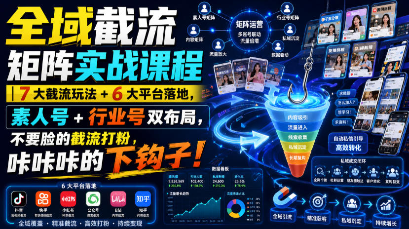 全域截流矩阵实战课程｜7大截流玩法+6大平台落地，素人号+行业号双布局，不要脸的截流打粉，咔咔咔的下钩子！-HEIXMI（中国站）