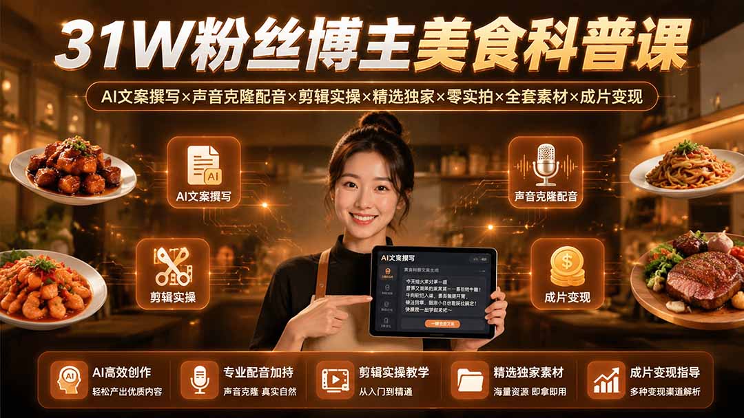 31W粉丝博主美食科普课：AI文案撰写×声音克隆配音×剪辑实操×精选独家×零实拍×全套素材×成片变现-HEIXMI（中国站）