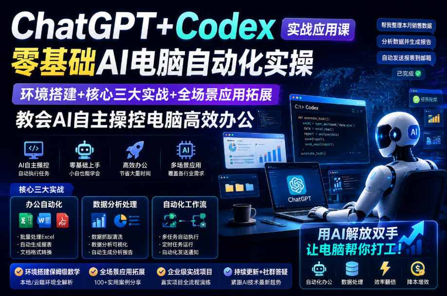 ChatGPT+Codex实战应用课｜零基础AI电脑自动化实操，环境搭建+核心三大实战+全场景应用拓展，教会AI自主操控电脑高效办公-HEIXMI（中国站）