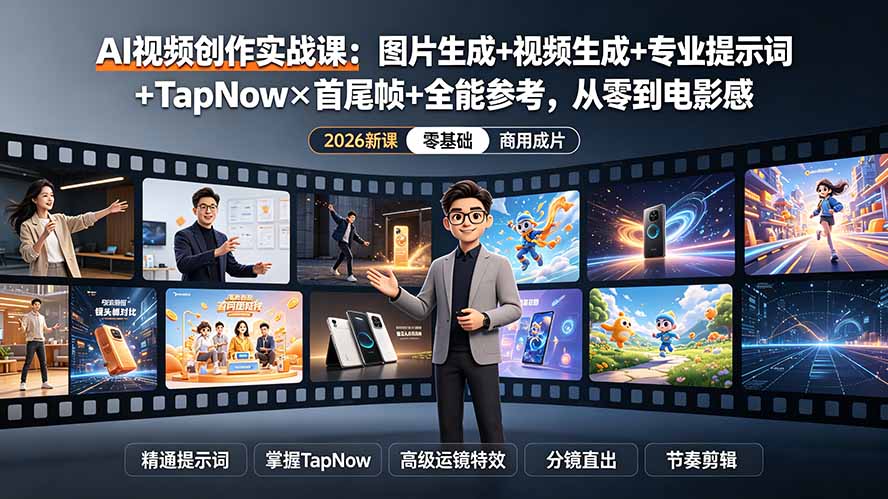 AI视频创作实战课：图片生成+视频生成+专业提示词+TapNow×首尾帧+全能参考，从零到电影感成片-HEIXMI（中国站）