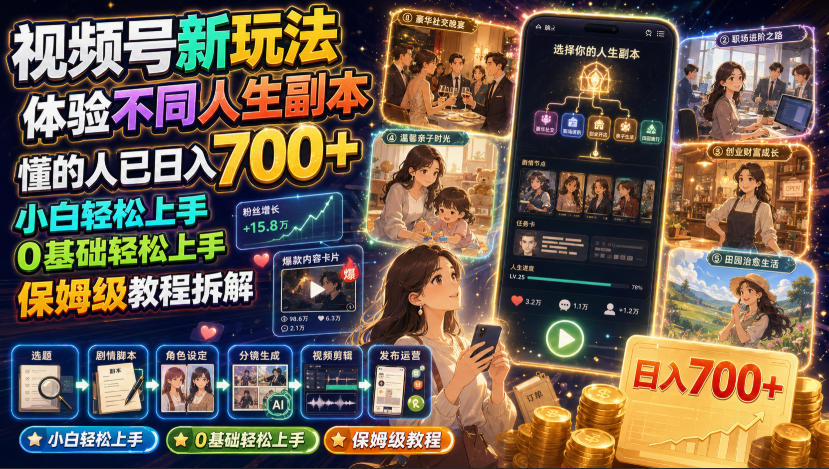 视频号新玩法体验不同人生副本，懂的人已日入700+，小白轻松上手，0基础轻松上手，保姆级教程拆解-HEIXMI（中国站）