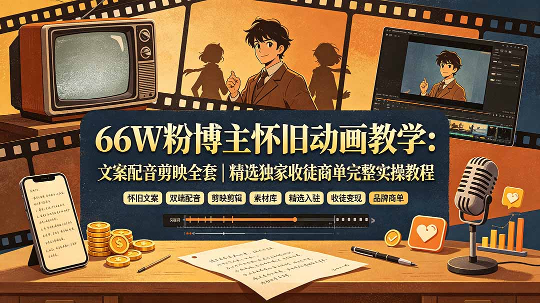 66W粉博主怀旧动画教学：文案配音剪映全套｜精选独家收徒商单完整实操教程-HEIXMI（中国站）