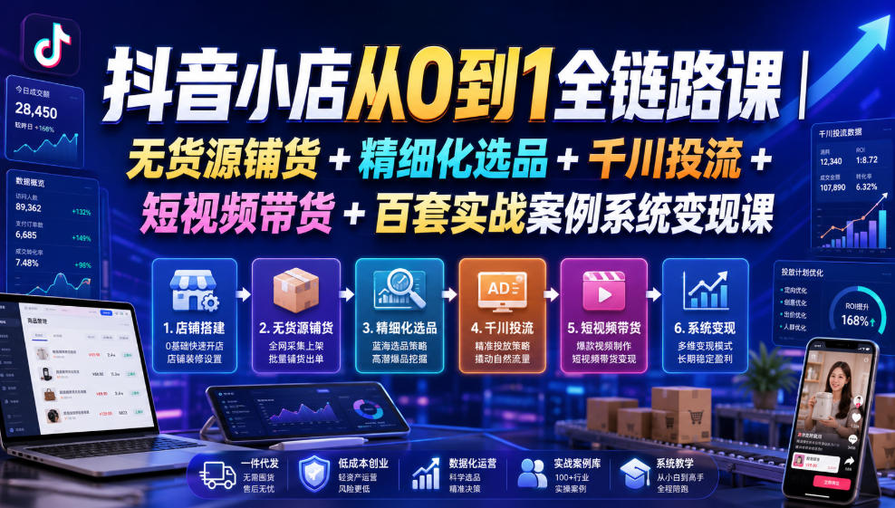 抖音小店从0到1全链路课｜无货源铺货+精细化选品+千川投流+短视频带货+百套实战案例系统变现课(2026年7月更新)-HEIXMI（中国站）