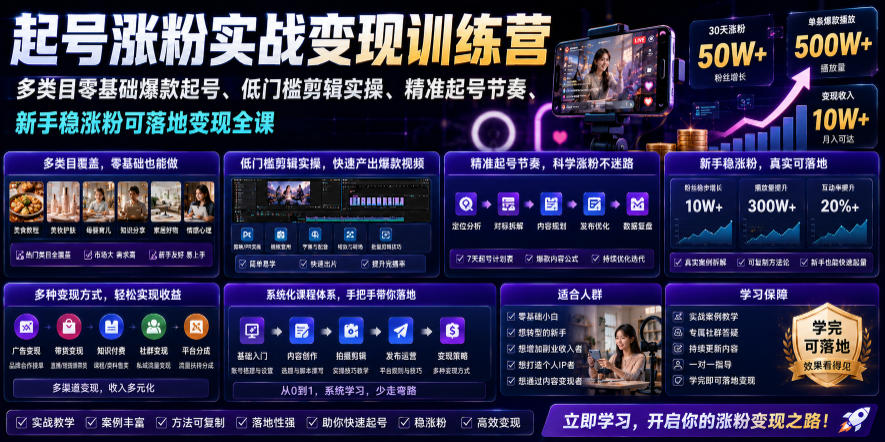 苗子起号涨粉实战变现训练营，多类目零基础爆款起号、精准起号节奏、新手稳涨粉可落地变现全课(更新0719)-HEIXMI（中国站）