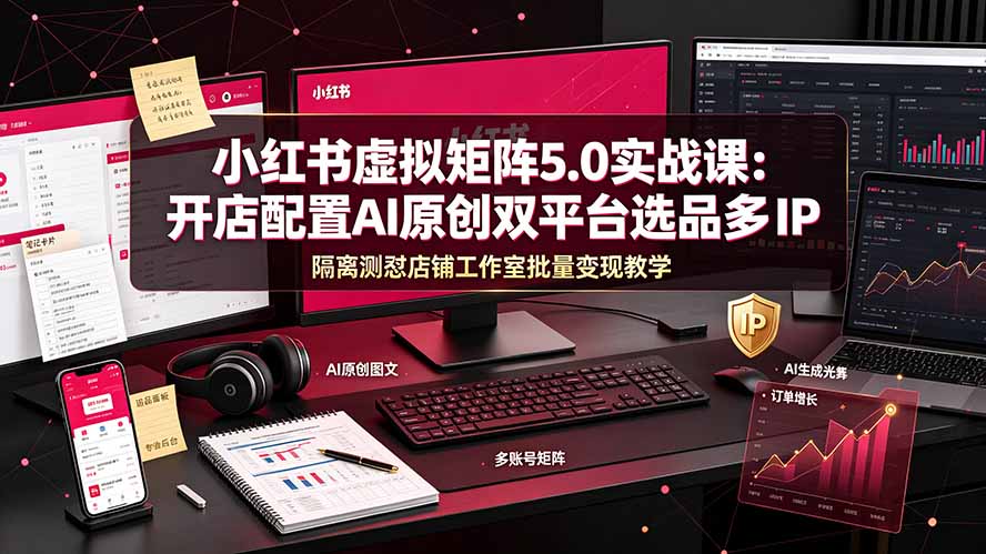 小红书虚拟矩阵5.0实战课：开店配置｜AI原创｜双平台选品｜多IP隔离｜测怼店铺工作室批量变现实操教学-HEIXMI（中国站）