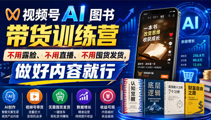 视频号AI图书带货训练营，不用露脸、不用直播、不用囤货发货，做好内容就行，一条爆款视频佣金8942-HEIXMI（中国站）