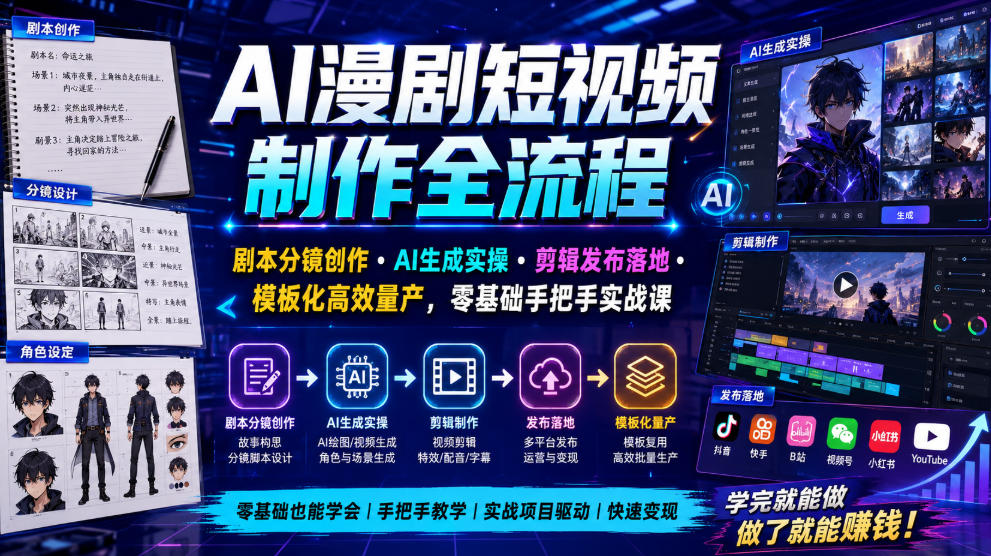 AI漫剧短视频制作全流程｜剧本分镜创作・AI生成实操・剪辑发布落地・模板化高效量产，零基础手把手实战课-HEIXMI（中国站）