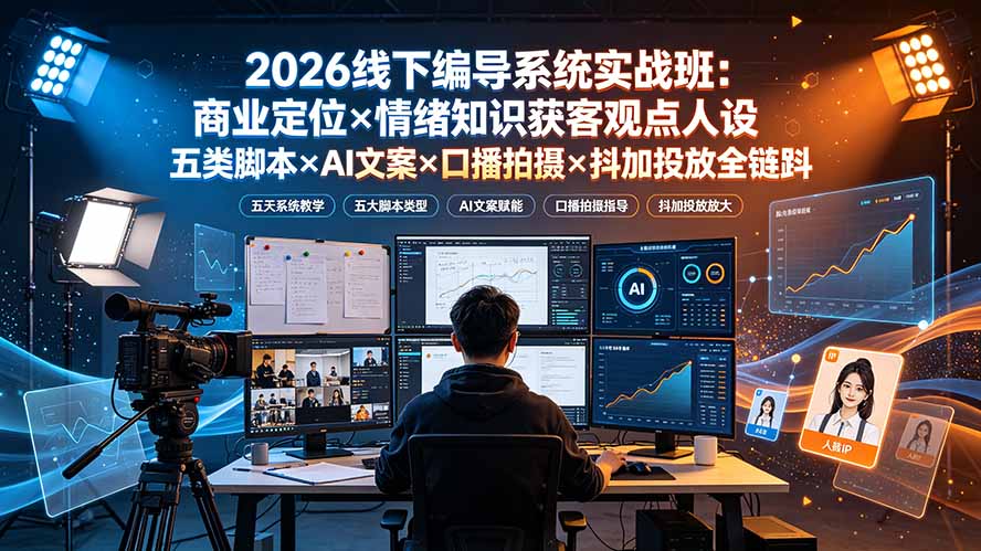 2026线下编导系统实战班：商业定位×情绪知识获客观点人设五类脚本×AI文案×口播拍摄×抖加投放全链路-HEIXMI（中国站）